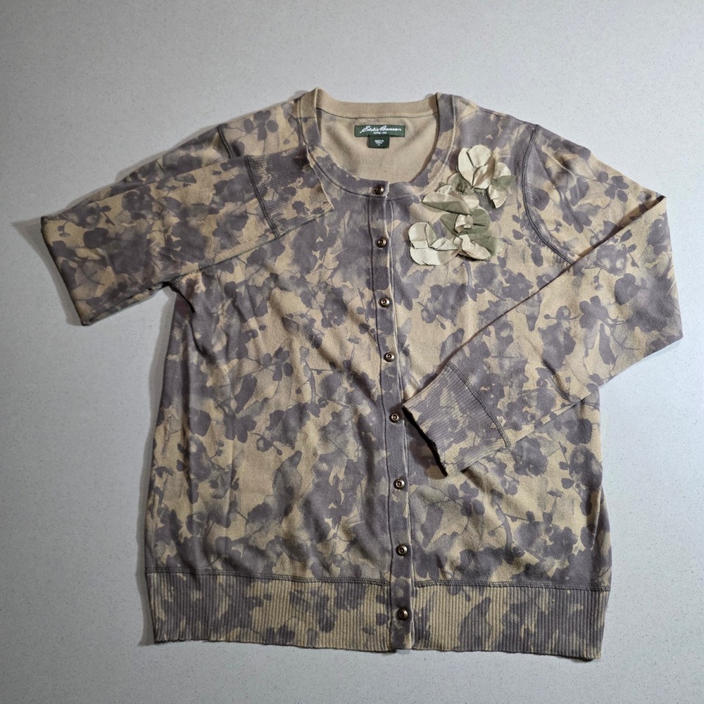 Eddie Bauer Floral Cardigan Sweater XL Green Tan 3D Flower Applique Button Front